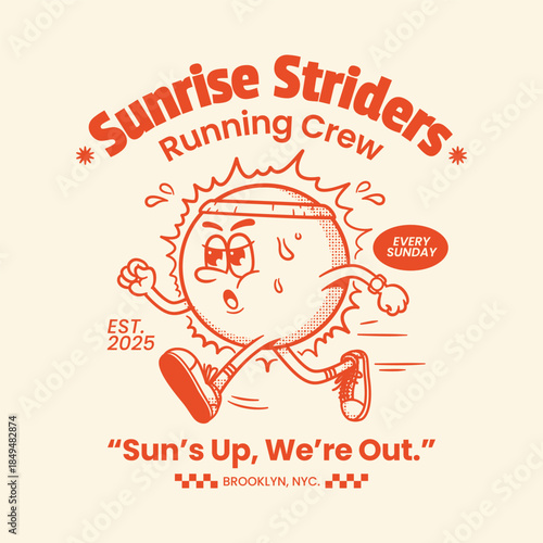 Retro sunrise running club mascot illustration in a classic vintage cartoon style. This design is suitable for running club logos, sport community branding, athletic apparel