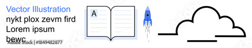 Education, innovation, technology, digital learning, creativity, cloud services. Open book, rocket and cloud symbols in minimalist style. Learning and innovation concepts for versatile applications