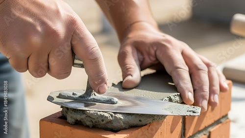 Craftsman layering cement with hand trowel on brick structure building