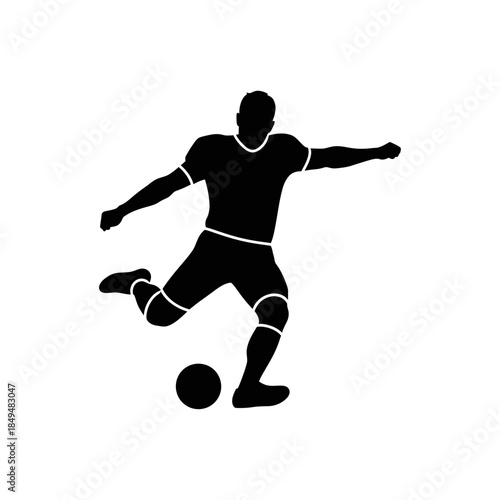 Outline silhouette of a soccer player kicking a ball, black