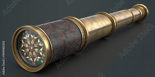 Vintage ornate brass telescope with colorful stained glass eyepiece