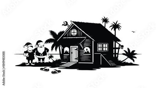 Whimsical Santas arrive at a tropical beach bungalow for a holiday getaway.