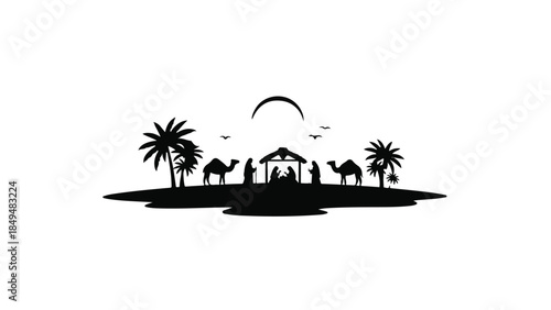 Serene Nativity scene silhouette under a crescent moon with camels and palm trees