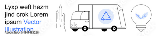 Eco-friendly logistics, recycling processes, renewable energy, sustainability, environmental innovation, clean transport. Delivery truck with recycle icon and light bulb with leaf design