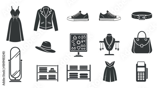 Black silhouette icons of clothing accessories store fixtures and payment terminal