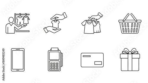 Eight blackandwhite line icons related to shopping and commerce