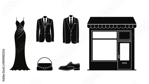 Black silhouette icons of formal attire accessories and a storefront
