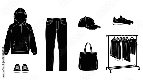 Black and white silhouettes of streetwear clothing items and accessories on a white background