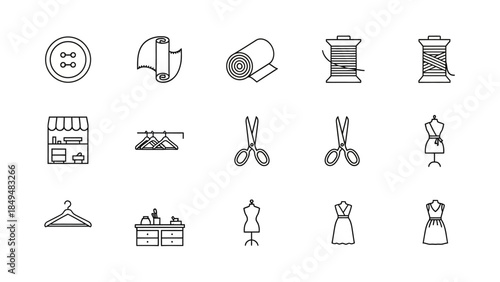 Black and white line art icons related to sewing and clothing