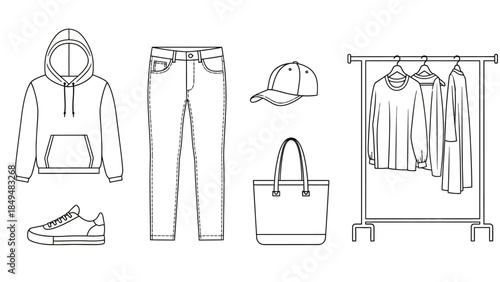 Black and white line drawings of casual apparel and accessories including a rack of hanging tops