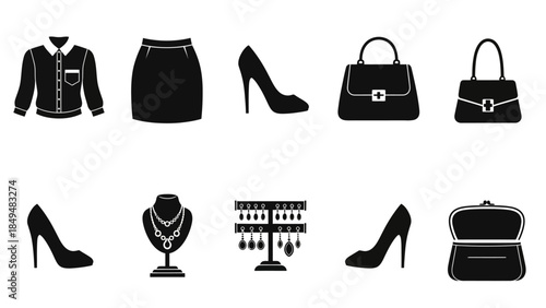 Ten black silhouette icons of clothing shoes bags and jewelry accessories on a white background