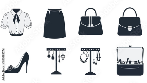 Eight navy blue and white icons depicting womens fashion and accessories arranged in two rows