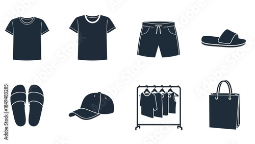 Eight dark blue apparel and accessory icons in two rows