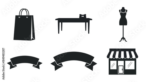 Six black silhouette icons related to shopping and retail are displayed