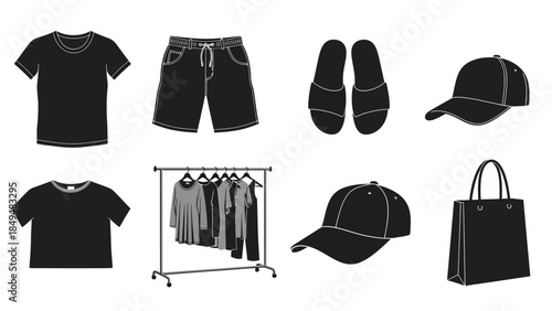 Black and gray clothing and accessory icons arranged in two rows