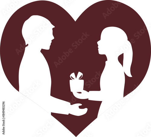 Silhouette of a couple exchanging a gift inside a large heart, Valentine's Day and White Day vector illustration