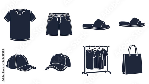 Dark blue silhouettes of casual clothing and accessories against a white background