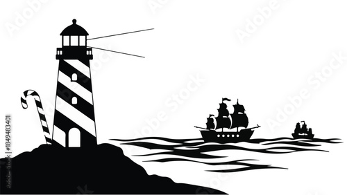 Nautical scene with a classic lighthouse guiding a sailing ship on a wavy sea.