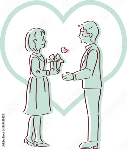 Simple line art vector illustration of a couple exchanging a gift in front of a large heart, perfect for Valentine's Day or White Day.