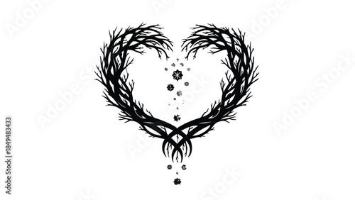 Intricate heart shape formed by dark, thorny branches with delicate dew drops