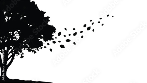 Silhouette of a tree with leaves blowing away in the wind, symbolizing change or departure.