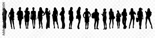 Silhouettes of diverse people standing. Group of silhouettes showing various poses. Silhouettes of men and women in different stances. People