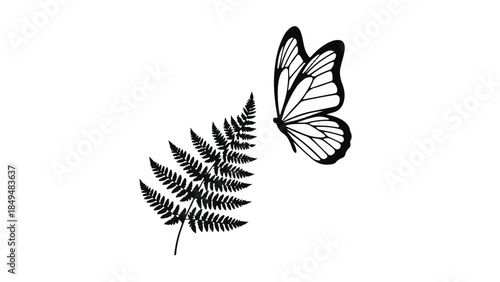 Delicate butterfly flutters near a leafy fern frond in a minimalist design