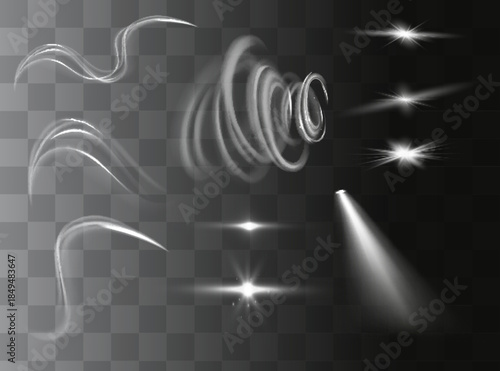 Light effect set. Glow isolated white transparent light effect set, lens flare, explosion, glitter, dust, line, sun flash, spark and stars, spotlight, curve twirl. Sunlight, abstract special effect.