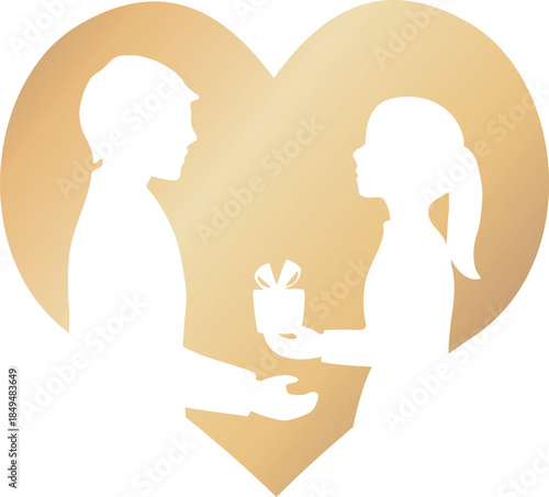 Silhouette of a couple exchanging a gift inside a large heart, Valentine's Day and White Day vector illustration