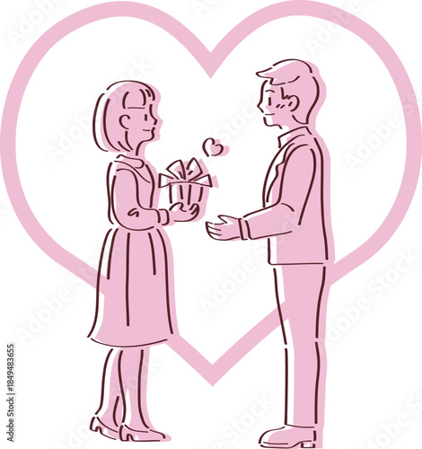 Simple line art vector illustration of a couple exchanging a gift in front of a large heart, perfect for Valentine's Day or White Day.