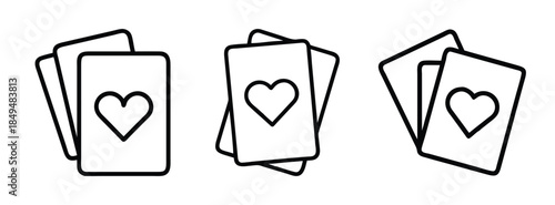 Simple Line Art of Three Sets of Playing Cards with Hearts on White Background