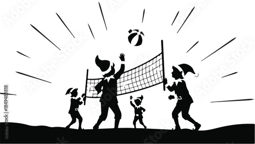 Joyful elves play volleyball on a sunny beach, celebrating the holiday spirit with energetic fun.