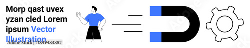 Marketing, business growth, workflow automation, teamwork, problem-solving, organization management. A magnet pulling toward a gear and a person. Business growth and workflow automation concept