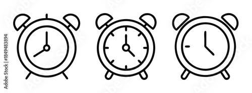 Simple Black Line Art Alarm Clocks in Various Times on White Background for Design and Decoration