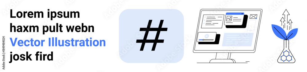 Obraz premium metadata tag in blue box, computer displaying interface with widgets, growing plant symbolizing progress. Ideal for technology, social media, growth, innovation, success, strategy simple landing