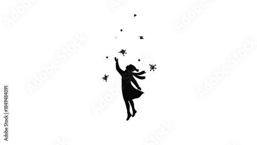 Joyful child reaching for falling stars in a magical night sky