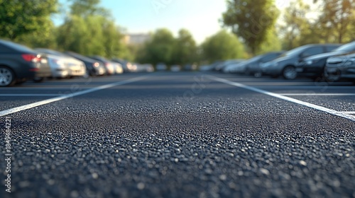 Fototapeta Naklejka Na Ścianę i Meble -  Asphalt Parking Lot Perspective with Cars, and Trees.