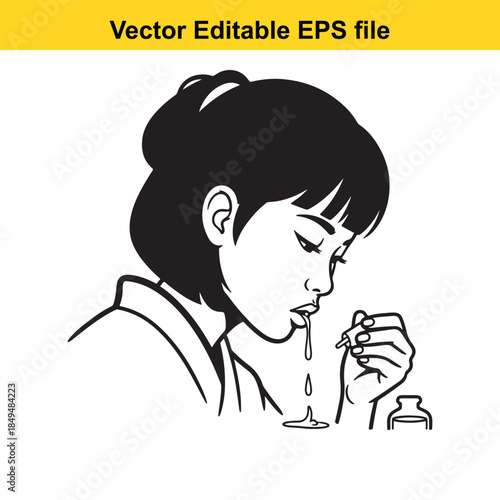  vector illustration of a woman smelling a bottle of perfume with her eyes closed