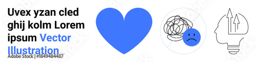 Emotional wellness, mental health, creativity, idea generation, problem-solving, and self-care. Blue heart, sad face with tangled lines and conceptual brain with arrows. Mental health and emotional