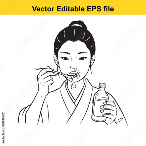  vector illustration of a woman taking medicine with a spoon and bottle