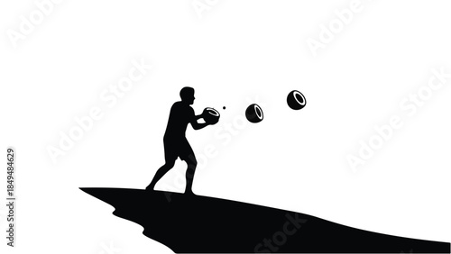 Silhouette of a person skillfully juggling objects on a cliff edge against a bright sky
