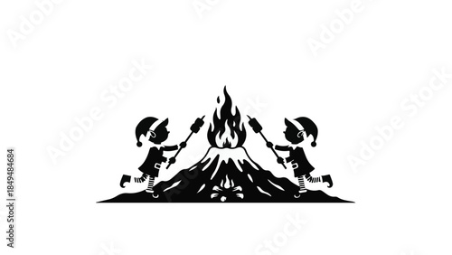 Two children roasting marshmallows over a campfire at night