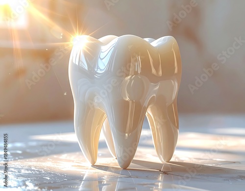 Glossy, bright white tooth model on a surface. Lit by a sunburst