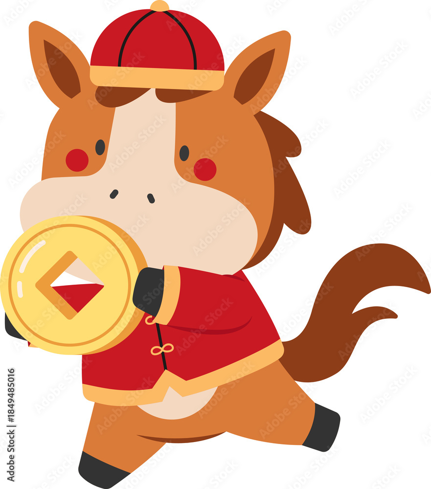 Obraz premium Illustration of Cute Horse Holding Gold Coin for Chinese New Year