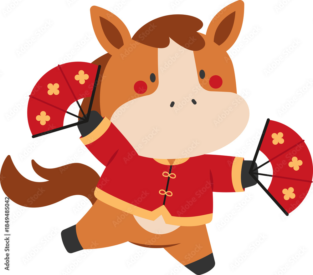 Obraz premium Illustration of Cute Horse Dancing with Fans Chinese New Year