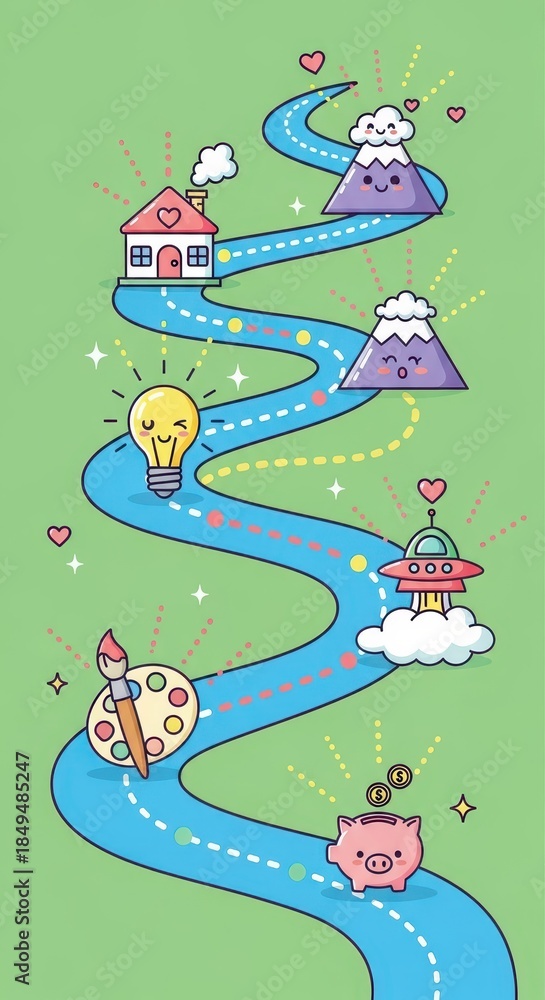 Obraz premium Winding pathway illustrates journey toward goals featuring housing finance and creative expression