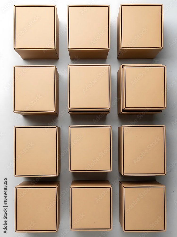 Fototapeta premium Aligned cardboard boxes in square formation, minimal and geometric arrangement