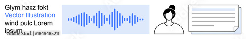 Sound technology, user profiles, information sharing, digital platforms, communication, data exchange. A blue audio waveform, a person icon and a document. Sound technology and user profiles