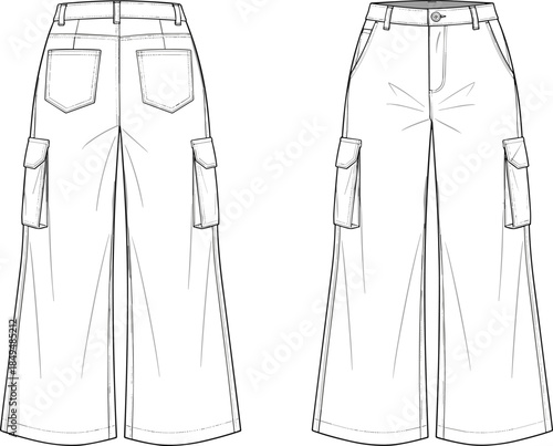 Wide leg cargo pants technical sketch front back view fashion cad flat vector illustration apparel design modern utility trousers