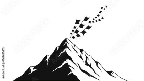 Flags flying from a majestic mountain peak, symbolizing achievement and adventure